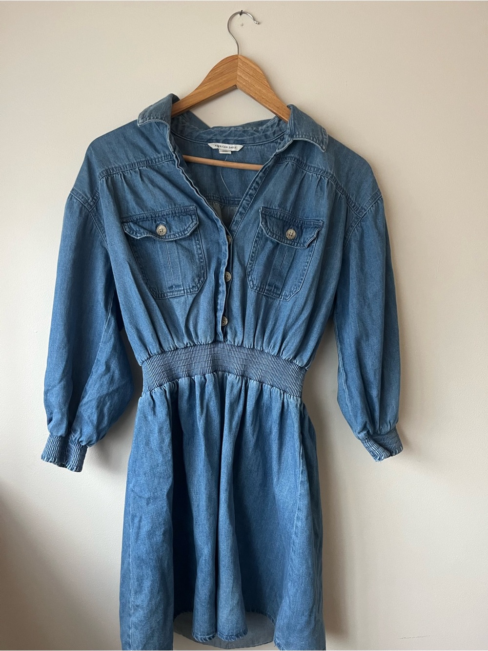 American eagle Denim Shirt Dress with Smocked Waist - Blue